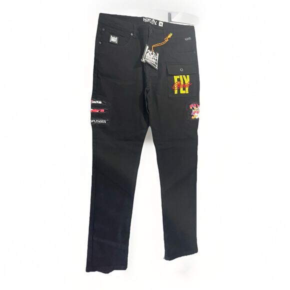 NWT Born Fly Jeans Mens Size 36 Distressed Embroidered Black Patchwork Denim - Picture 2 of 10